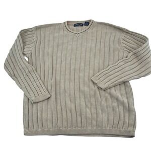 Structure Mens Vintage Ribbed V-Neck Sweater Tan Beige Ramie Cotton Blend Medium